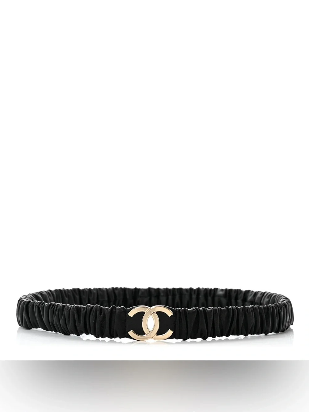 CHANEL Black Leather Ruched Belt with Gold CC Emblem F/W 2022